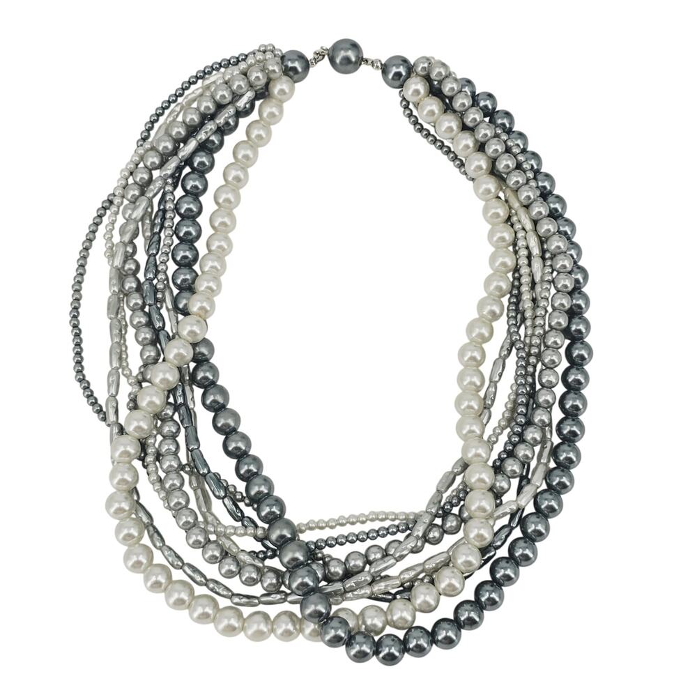 Multi Strand Beaded Faux Pearl Choker Necklace Gray White 16"